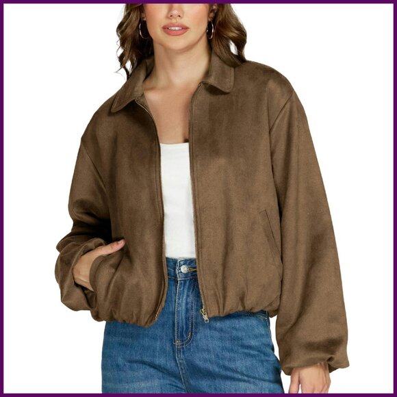 Faux Suede Cropped Bomber Jacket Women's Long Sleeve Zip Up Casual Outerwear